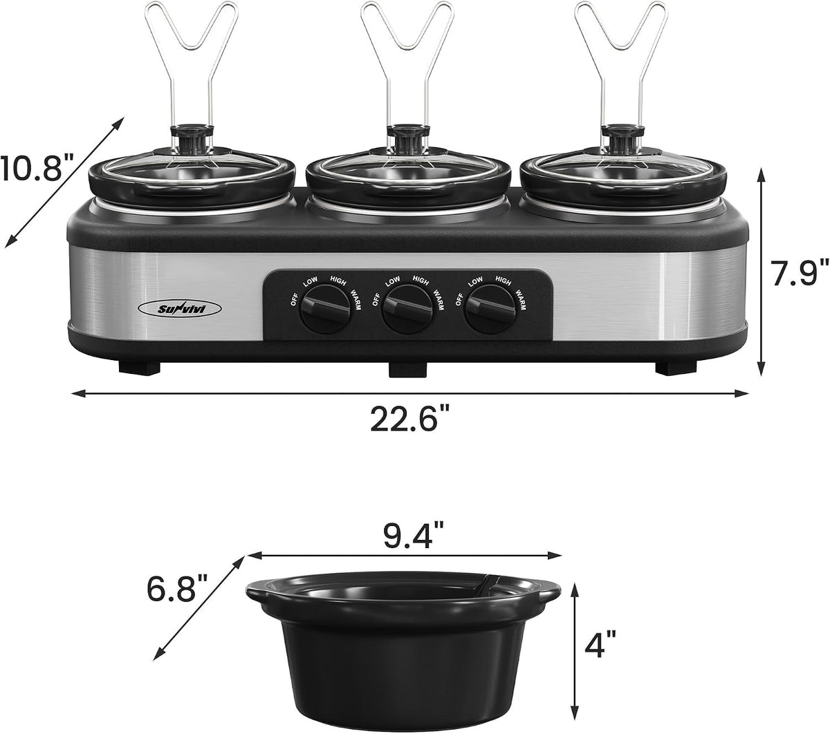 Triple Slow Cooker & Food Warmer with Removable Ceramic Pots - Stainless Steel