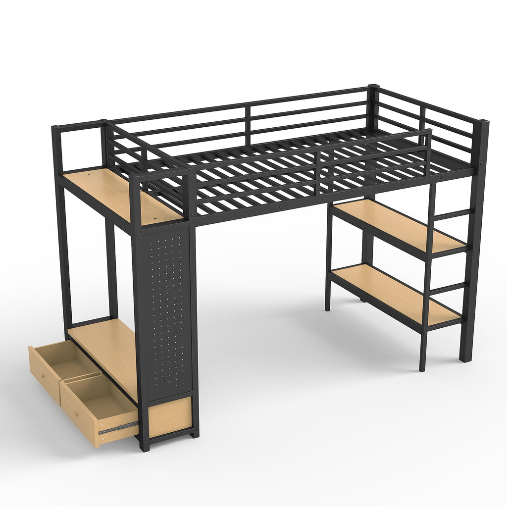 Twin XL Loft Bed Frame with Wardrobe and Shelves - Black