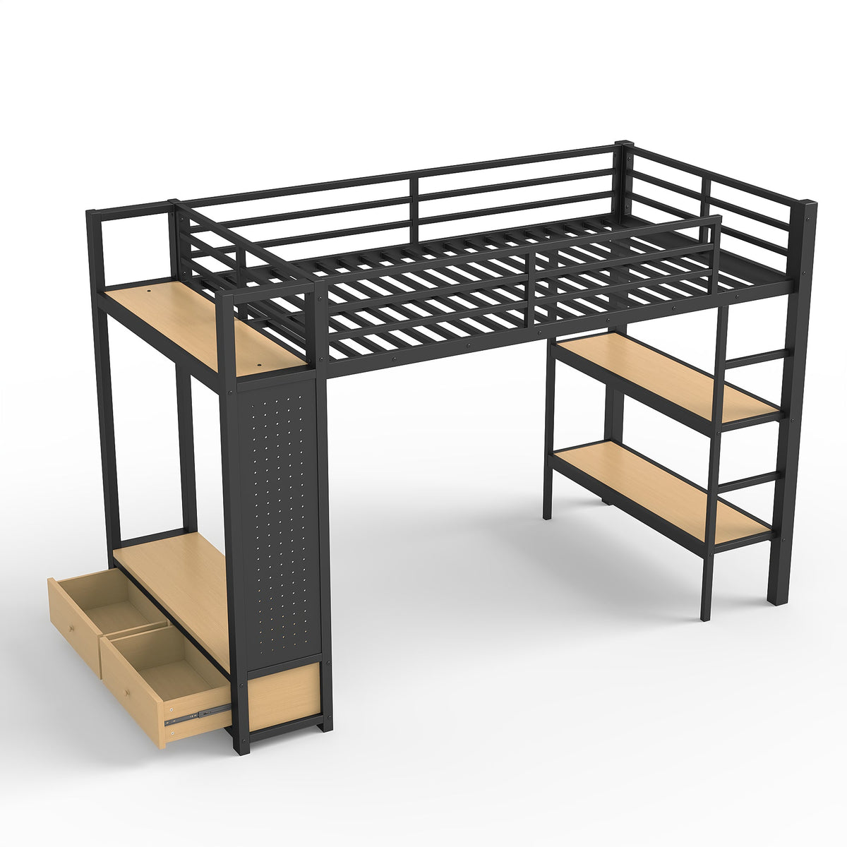 Twin XL Loft Bed Frame with Wardrobe and Shelves - Black