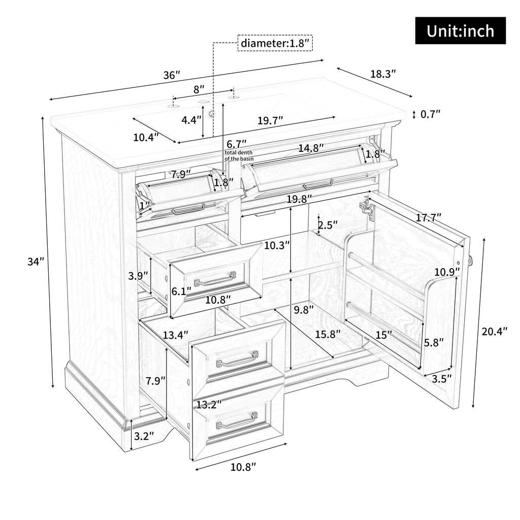 36-Inch Bathroom Vanity with Ceramic Sink Top - White