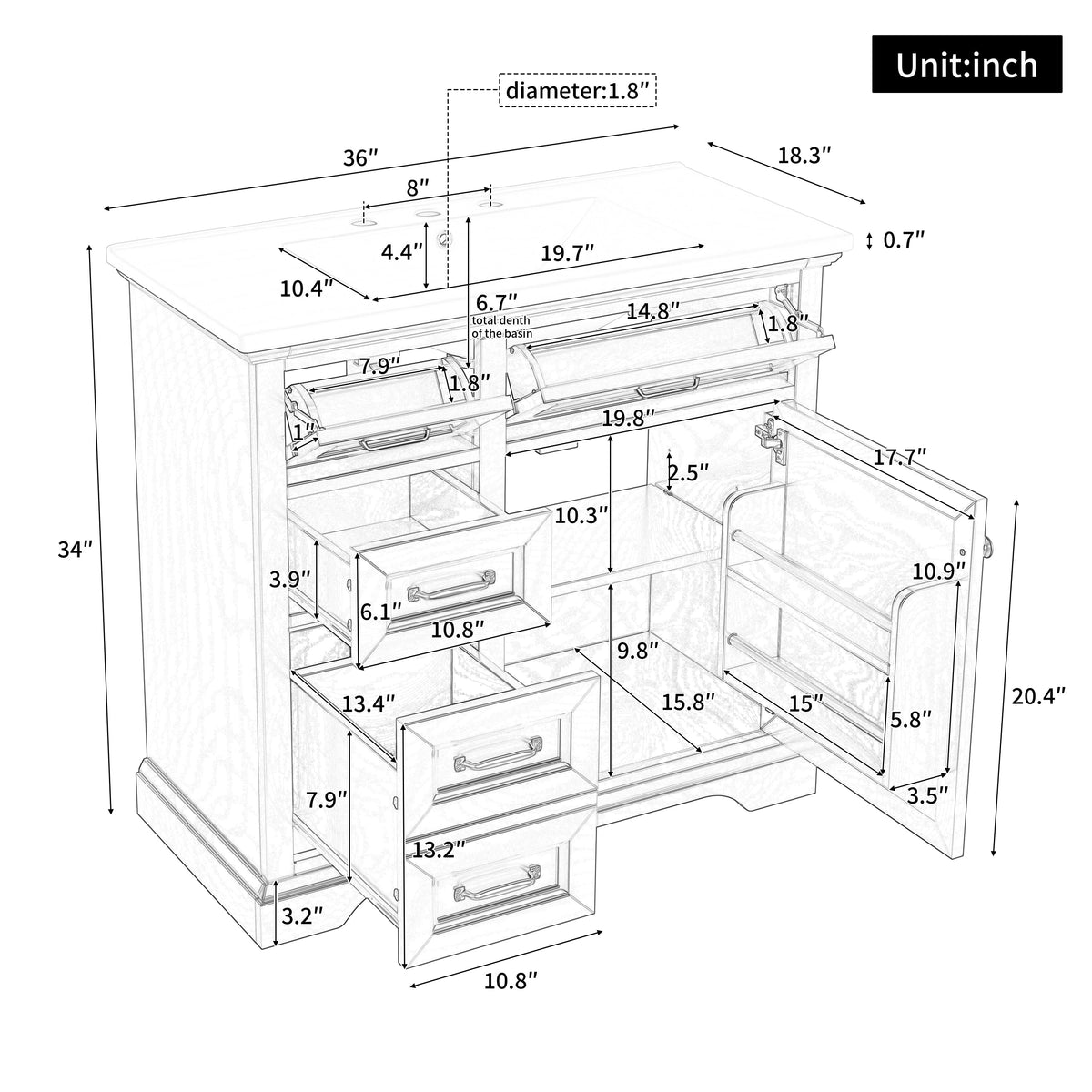 36-Inch Bathroom Vanity with Ceramic Sink Top - White