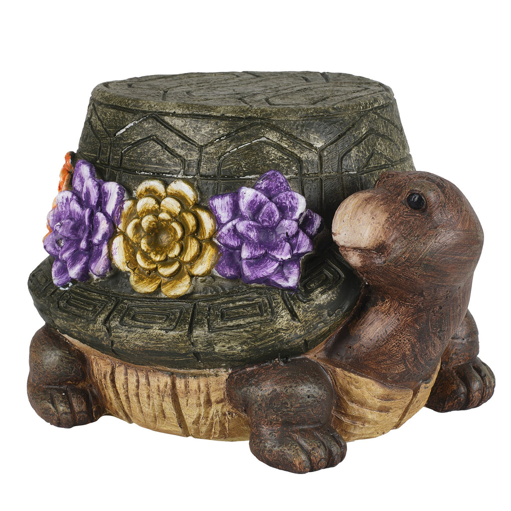 Turtle Garden Statue Outdoor Stool with Floral Detail - Multi-Color
