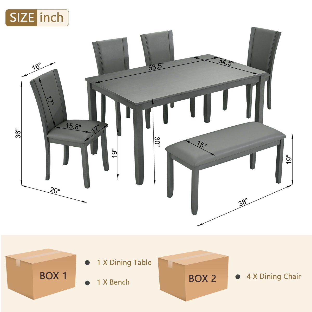 Modern 6 Piece Dining Table Set With Bench And Chairs For Dining Room Or Kitchen - Gray