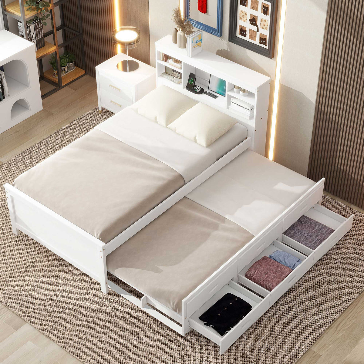 Platform Bed with Storage Headboard, USB, Trundle & 3 Drawers - Twin or Full