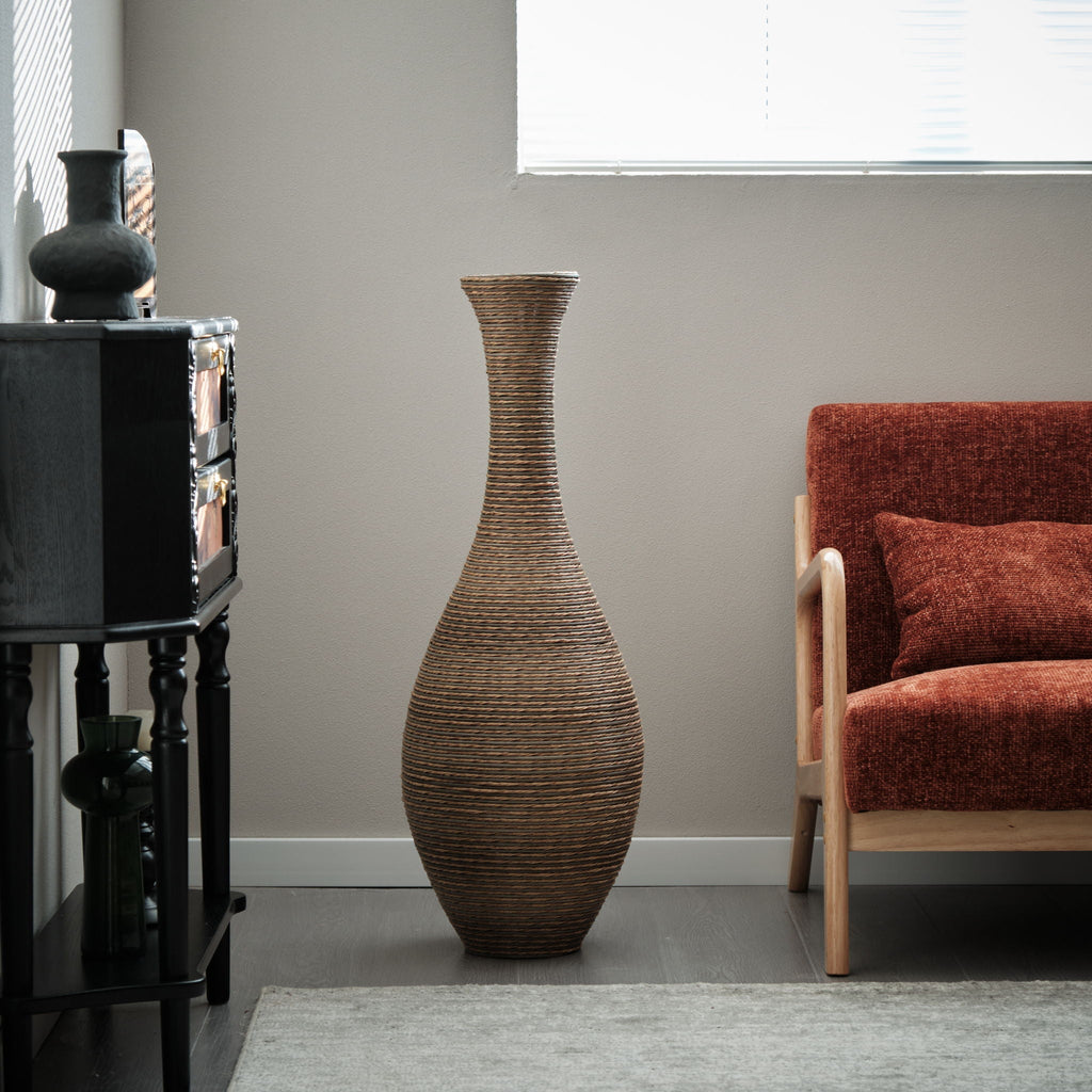 Tall Artificial Rattan Floor Vase with Artistic Design - Beige / Gray