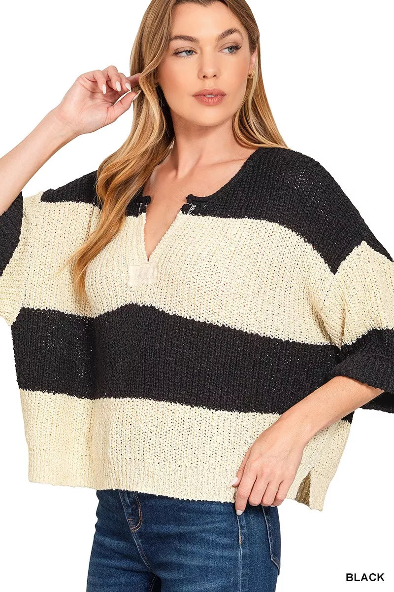 Zenana Split Neck Stripe Sweater