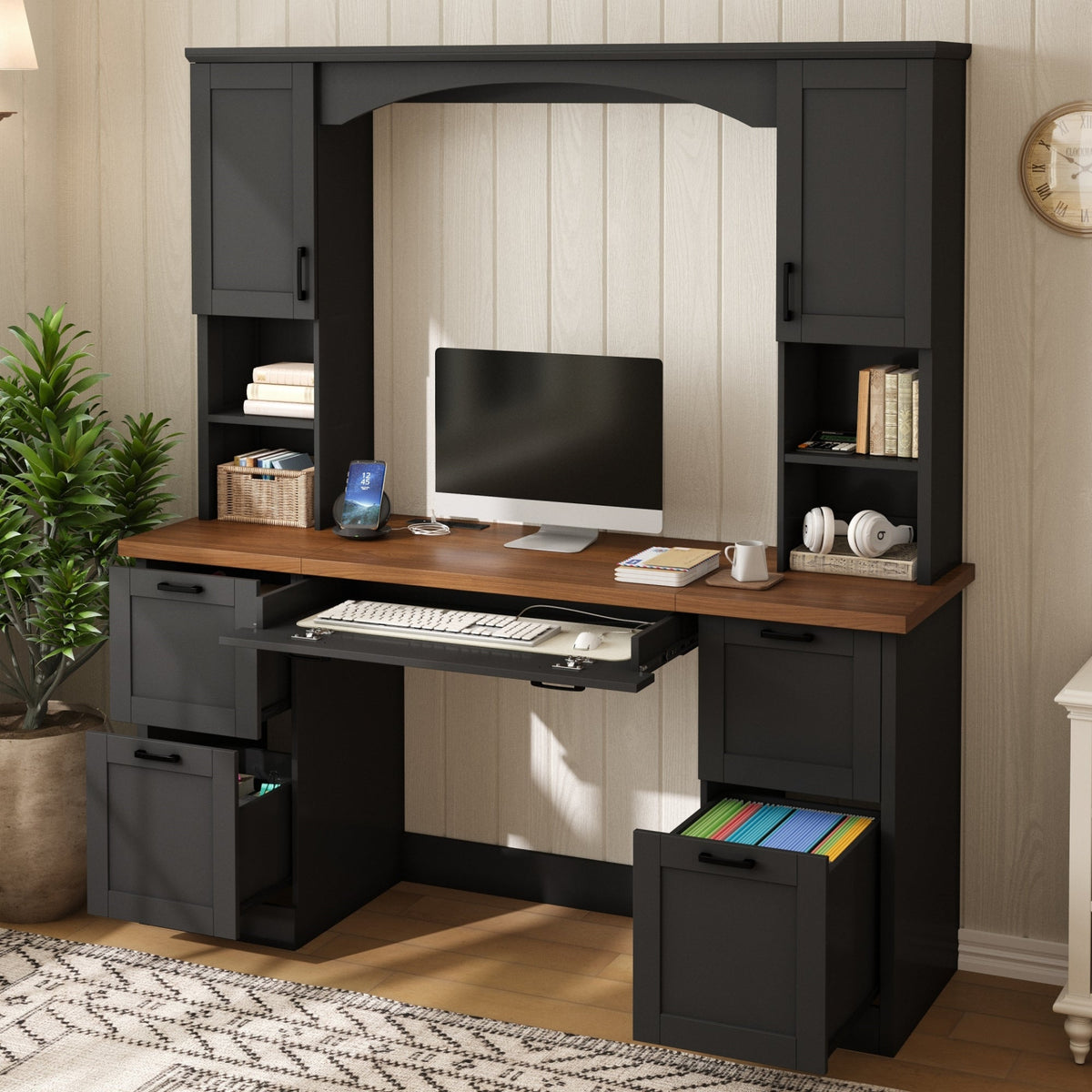 Farmhouse Arched Computer Desk with Hutch - MDF, Walnut & Black