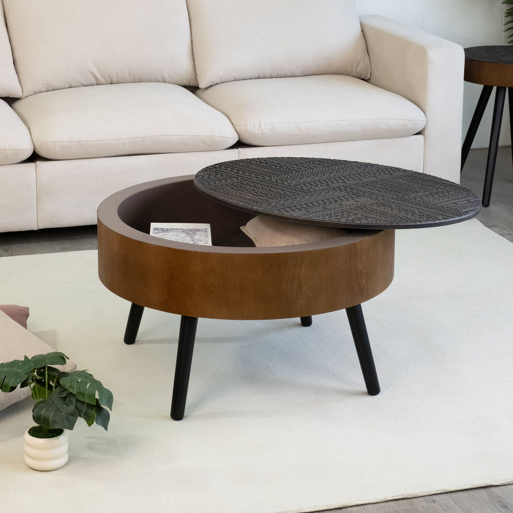 Round Coffee Table with Storage Function - Carved Wood Top - Dark Brown or Black