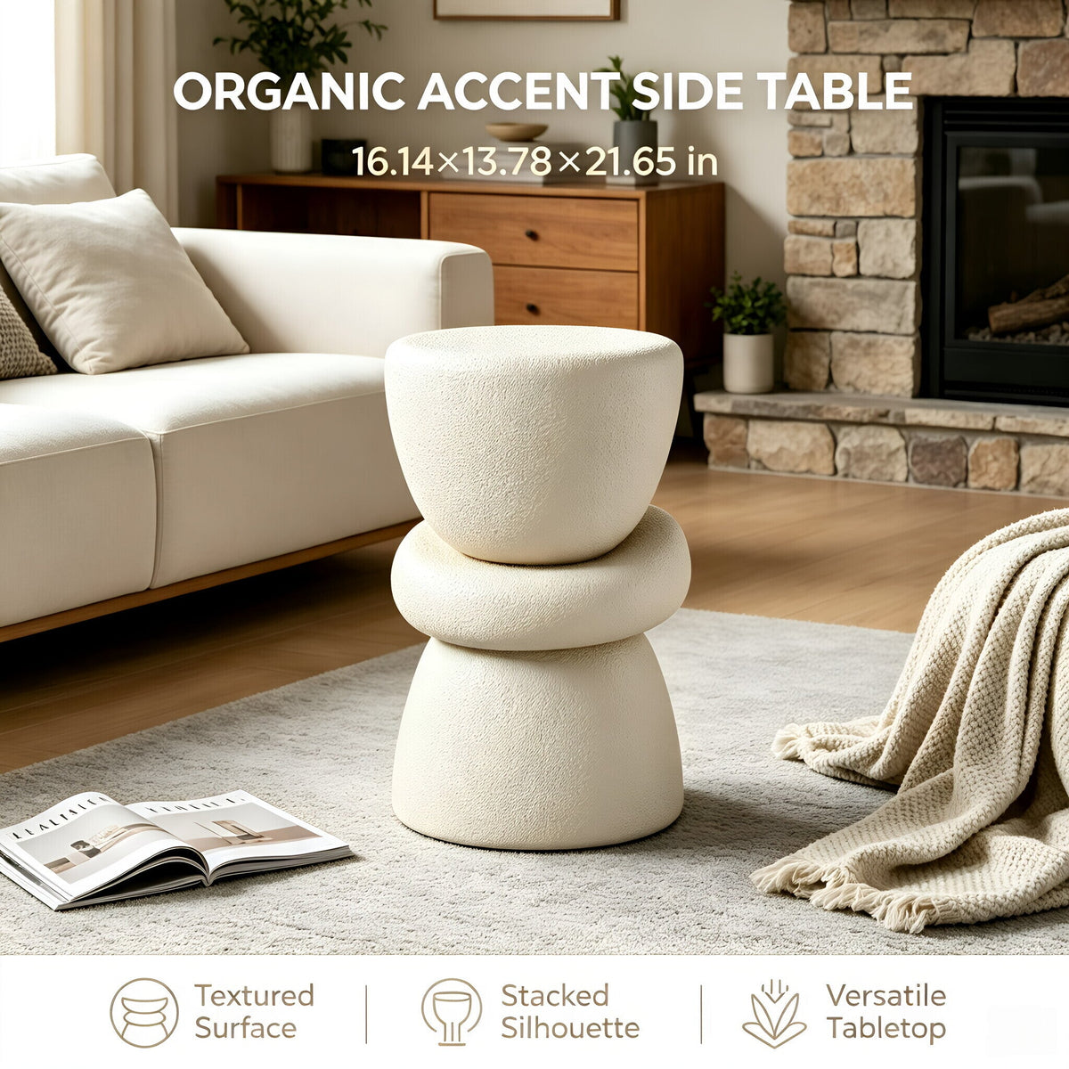 Stacked Organic Sculptural Side Table with Modern Silhouette - White