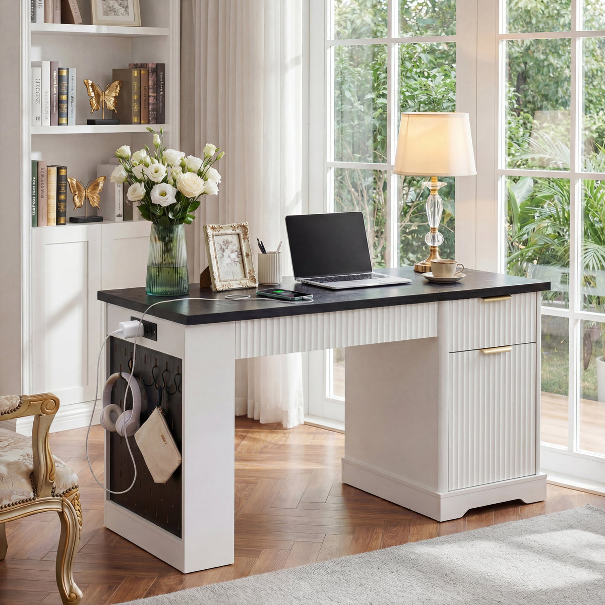 55" Modern Fluted Office Desk with Storage Cabinet & Drawers - MDF