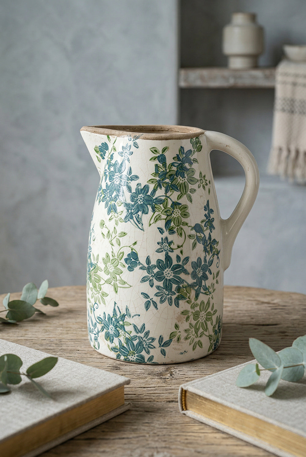 Floral Pitcher Vase with Garden-Inspired Design - Ivory