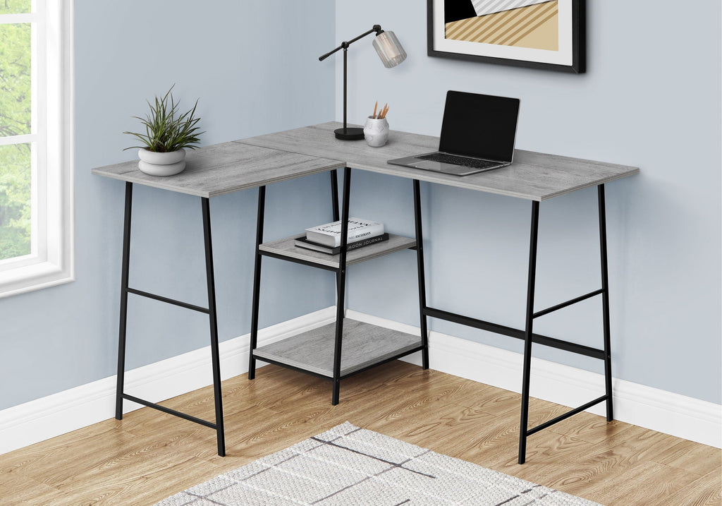 L-Shape Corner Computer Desk with Storage Shelves - Modern Wood & Metal - Light Brown, Gray, Dark Brown