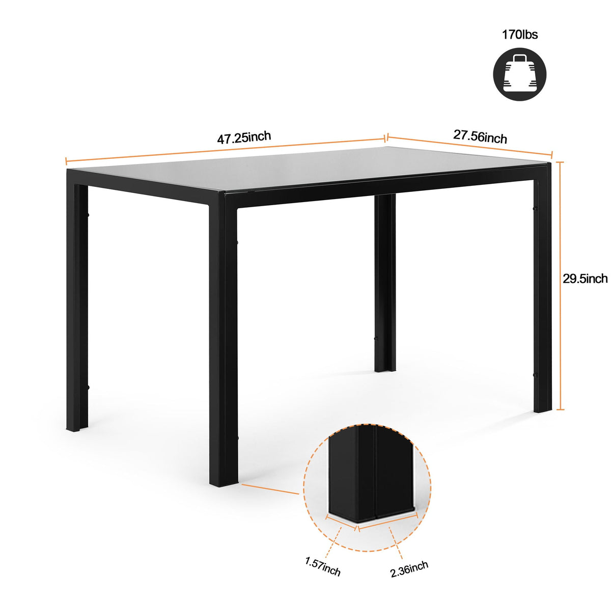 Black Dining Table with Tempered Glass Top and Metal Frame