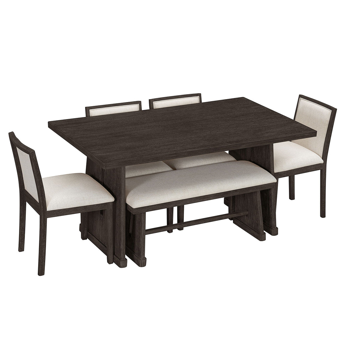 6 Piece Dining Room Set with Upholstered Chairs & Padded Bench - Light or Dark Brown