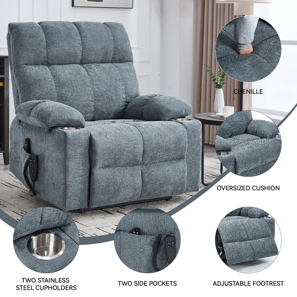 Grey Chenille Power Lift Recliner Chair with Massage - Grey