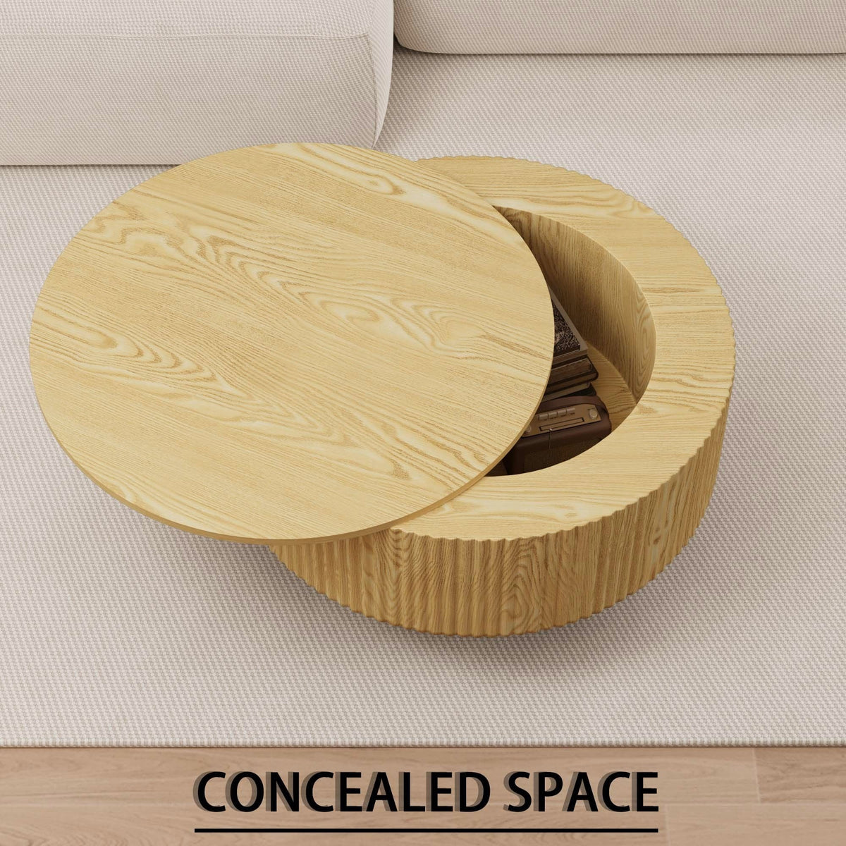 Modern Circular Coffee Table with Stripe Design and Storage Space - Light Brown or Dark Brown