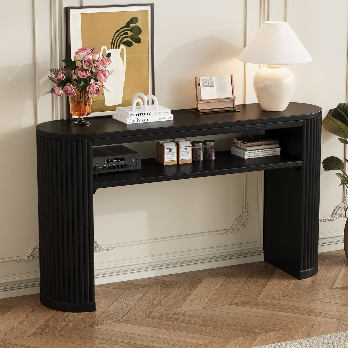 Console Table With Fluted Legs and Open Shelf - Available in Black, Light Brown, Dark Brown