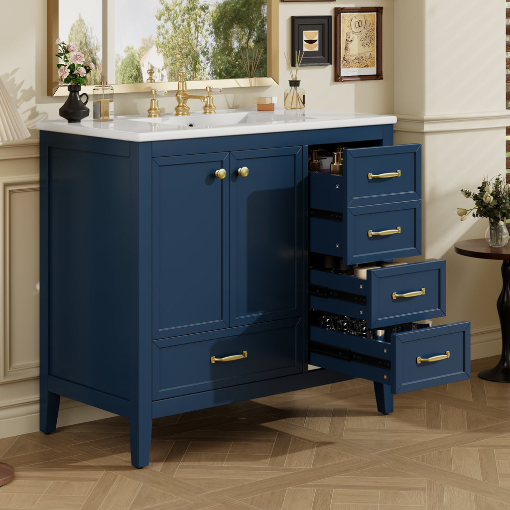 36" Bathroom Vanity with Ceramic Sink and Multi-Tier Storage - Blue, Black, or Grey