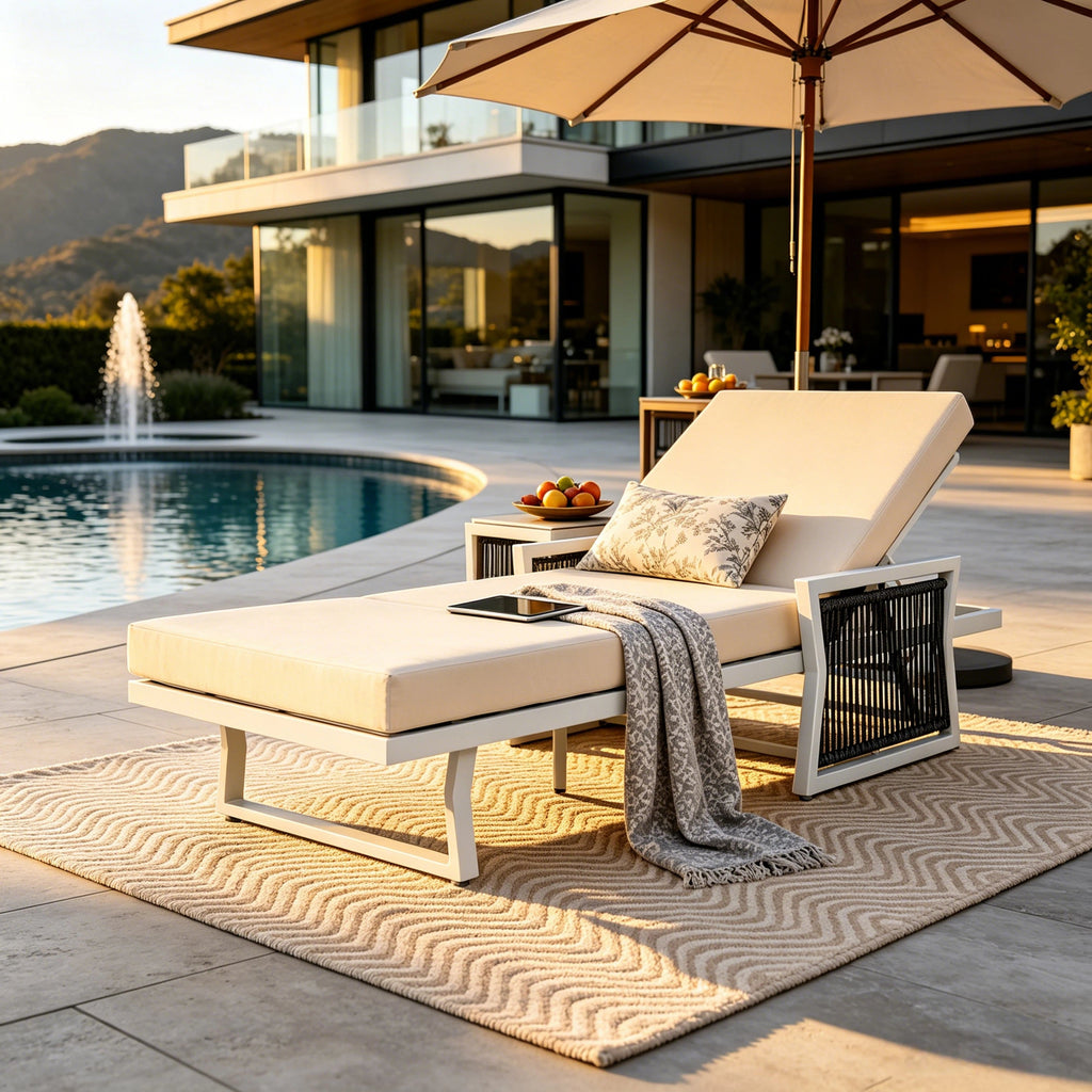 Modern White Iron Outdoor Chaise Lounger Set with Adjustable Backrest - White