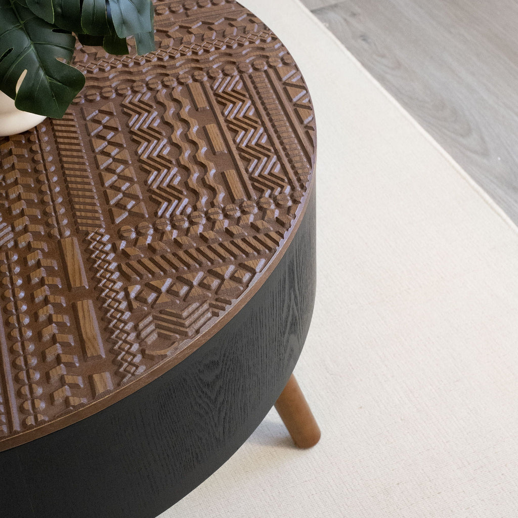 Round Coffee Table with Storage Function - Carved Wood Top - Dark Brown or Black