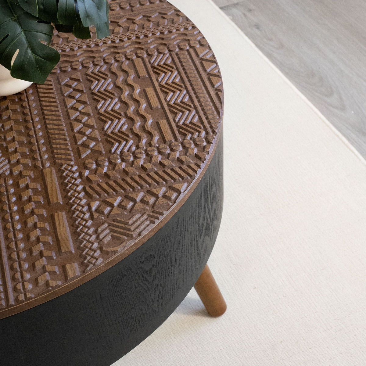 Round Coffee Table with Storage Function - Carved Wood Top - Dark Brown or Black