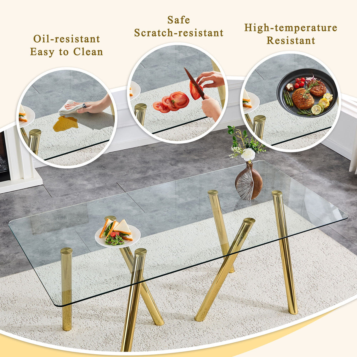 Dining Table with Transparent Tempered Glass Surface – Pearl Silver or Gold