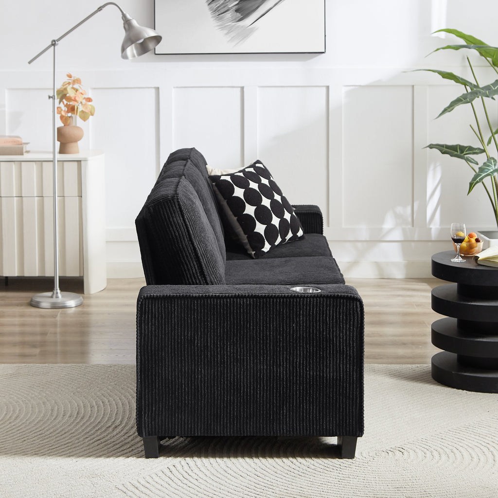 Modern Corduroy 3-Seater Sofa with Cup Holders - Black, Gray, Beige, Pink, or Green