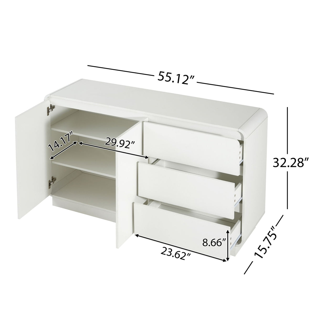 Wide Storage Sideboard with 2 Doors and 3 Drawers - White or Light Brown