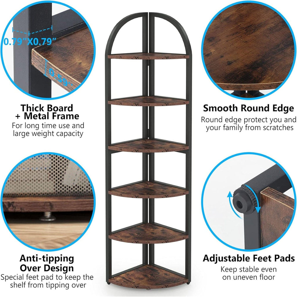 Tall 6 Tier Corner Shelf with Sturdy Metal Frame - Rustic Brown