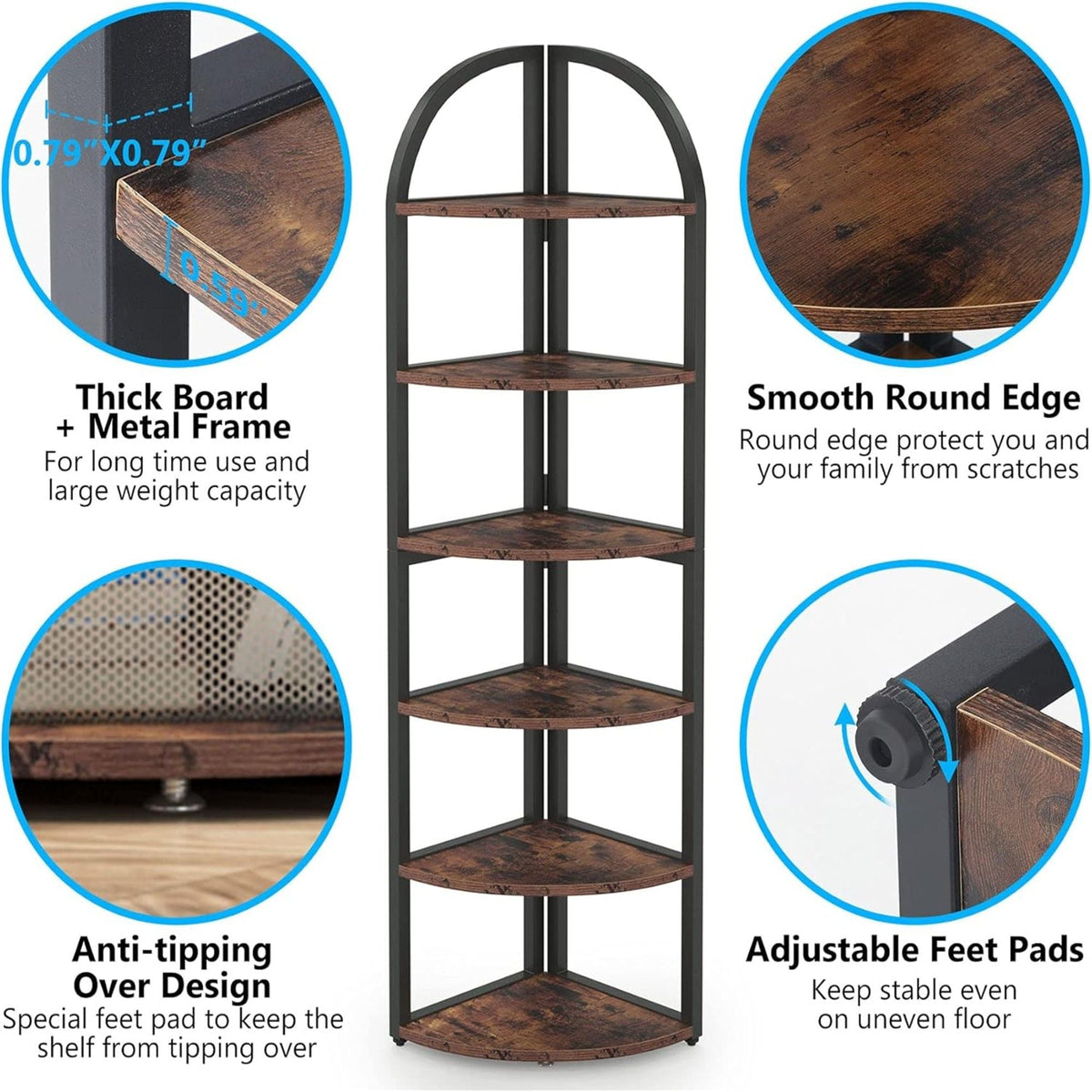 Tall 6 Tier Corner Shelf with Sturdy Metal Frame - Rustic Brown