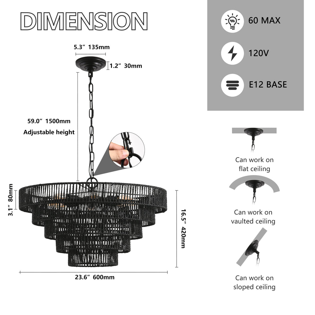 24' Rustic 5-Tier Black Hemp Rope Pendant Light Chandelier