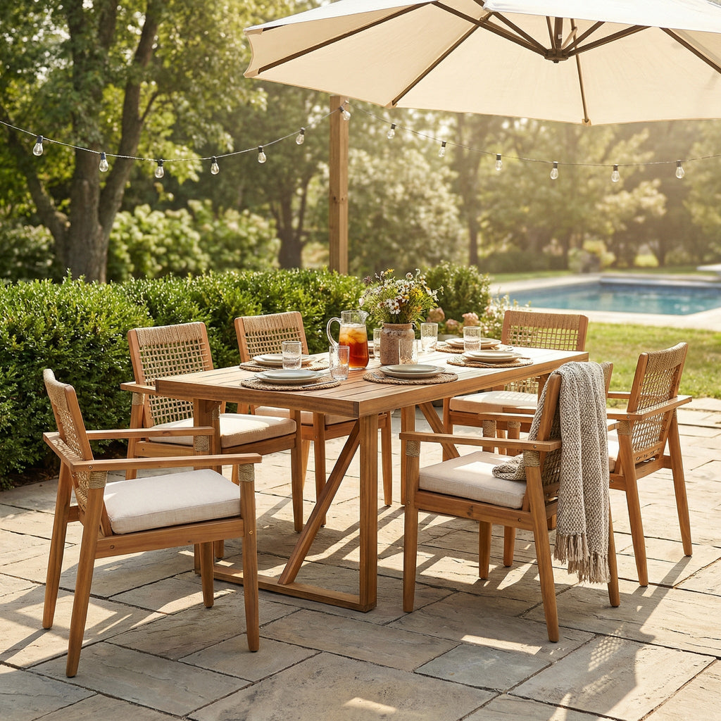 7 Piece Acacia Wood Outdoor Dining Set with Cushions - Teak Finish