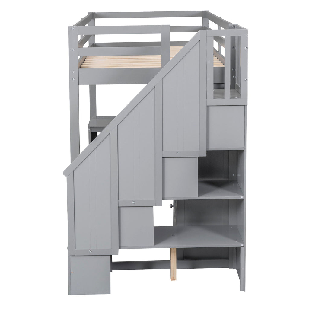 Loft Bed With L Shaped Desk, Drawers, Cabinet, And Storage Staircase