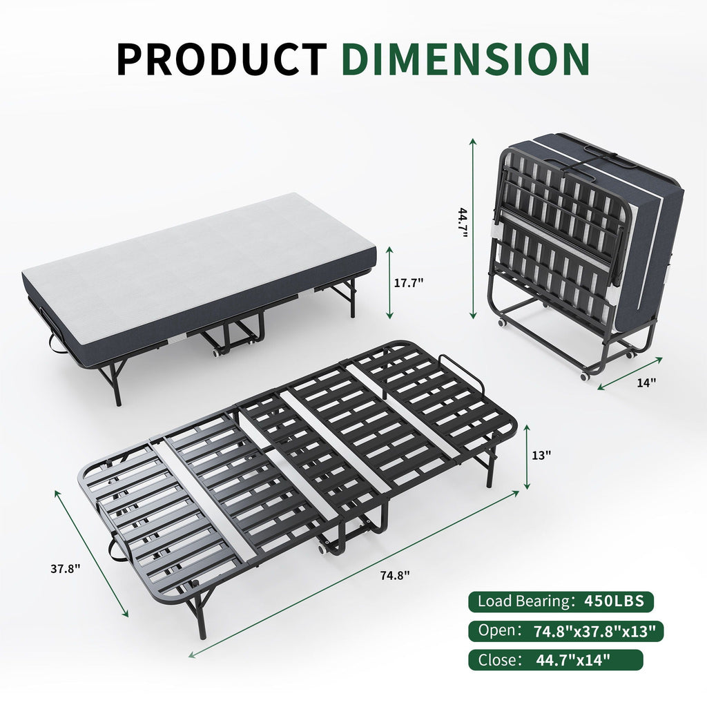 Twin Extra Long Folding Bed for Tall People with Memory Foam Mattress - Black