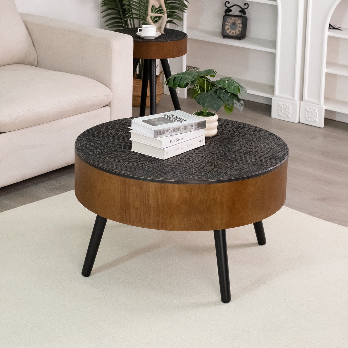 Round Coffee Table with Storage Function - Carved Wood Top - Dark Brown or Black