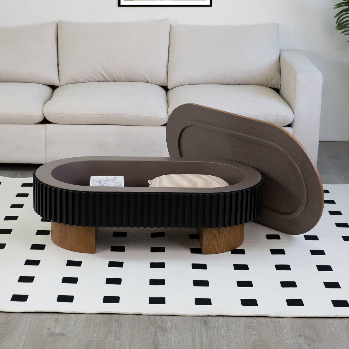 Elliptical Living Room Coffee Table with Hidden Storage and Removable Tabletop - Black or Light Brown