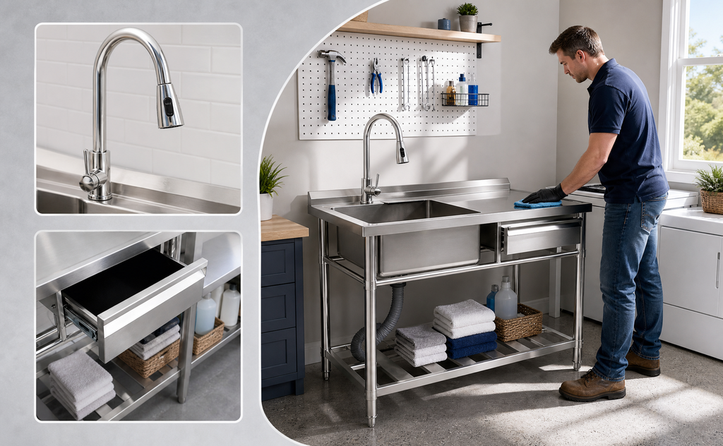 Stainless Steel Utility Sink with Pull-Out Faucet - Silver