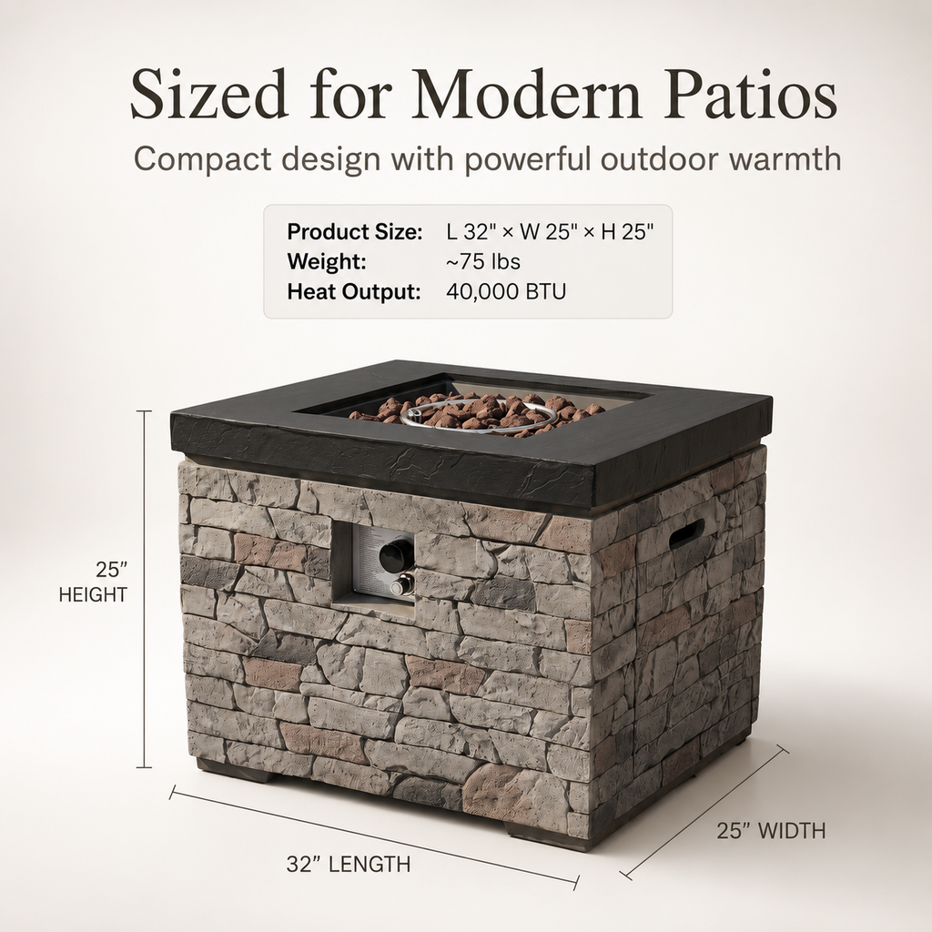 32-Inch Outdoor Fire Pit Table with Lava Rocks - Black Stone Look