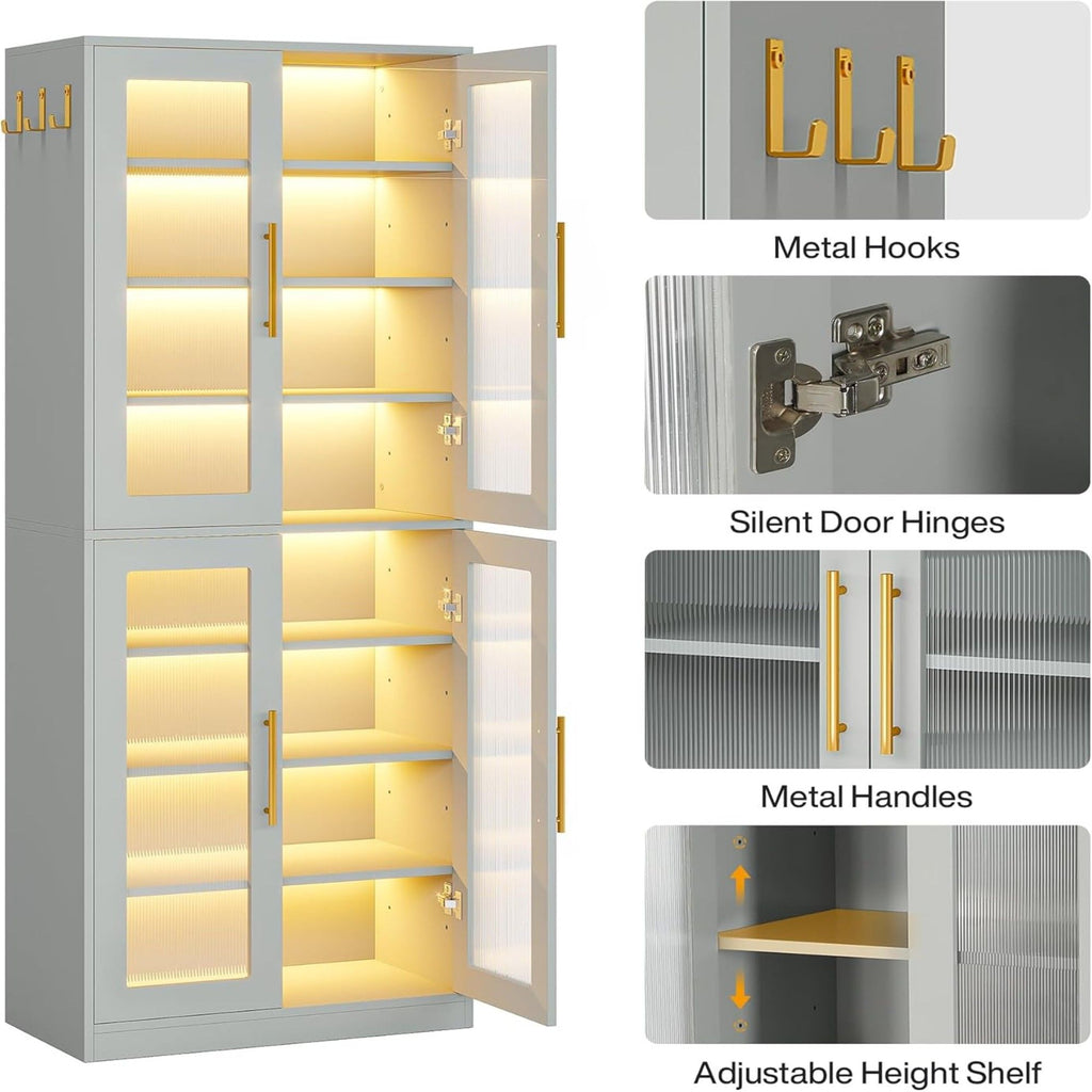 Bookcase With Doors and LED Lighting with Adjustable Shelves - Black, Gray, White