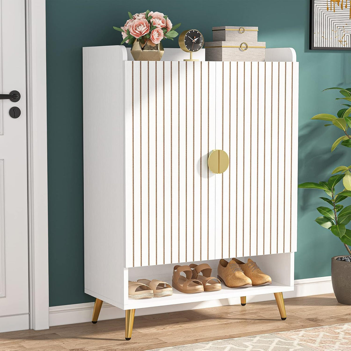 Shoe Cabinet With Doors, 7 Tier Storage Organizer with Adjustable Shelves - Dark Brown, Light Brown, or White