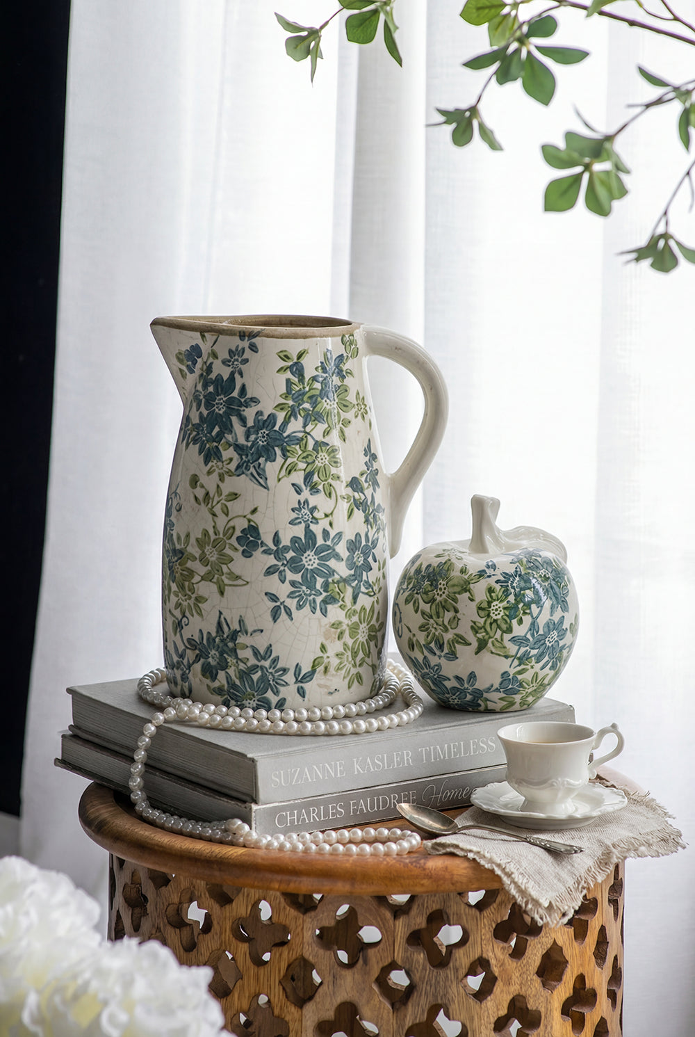 Floral Pitcher Vase with Garden-Inspired Design - Ivory