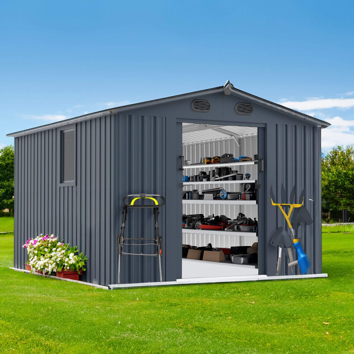 [08X10FT] Large Outdoor Metal Storage Tool Shed With Window And Lockable Doors (SAK32987)