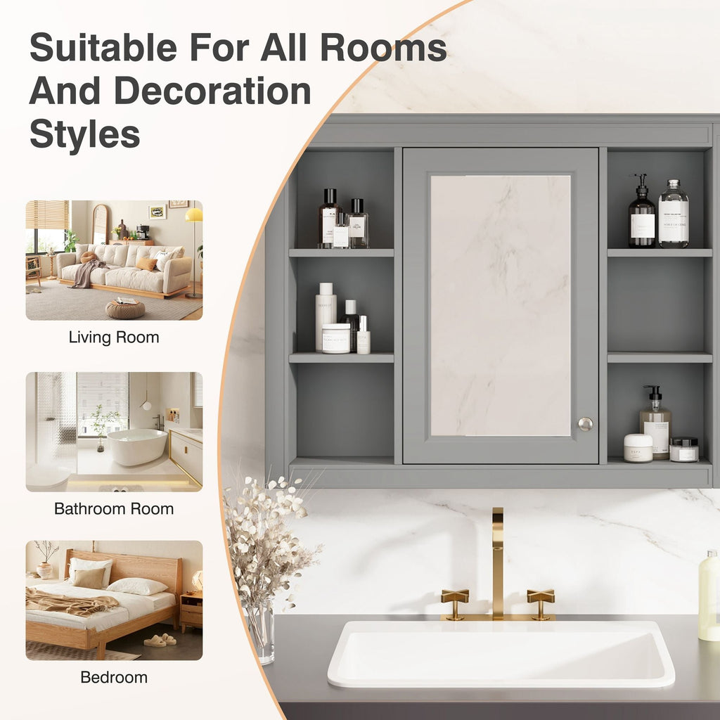 Wall Mounted Medicine Cabinet With Mirror, Storage Cabinet Featuring 6 Open Shelves And Adjustable Interior