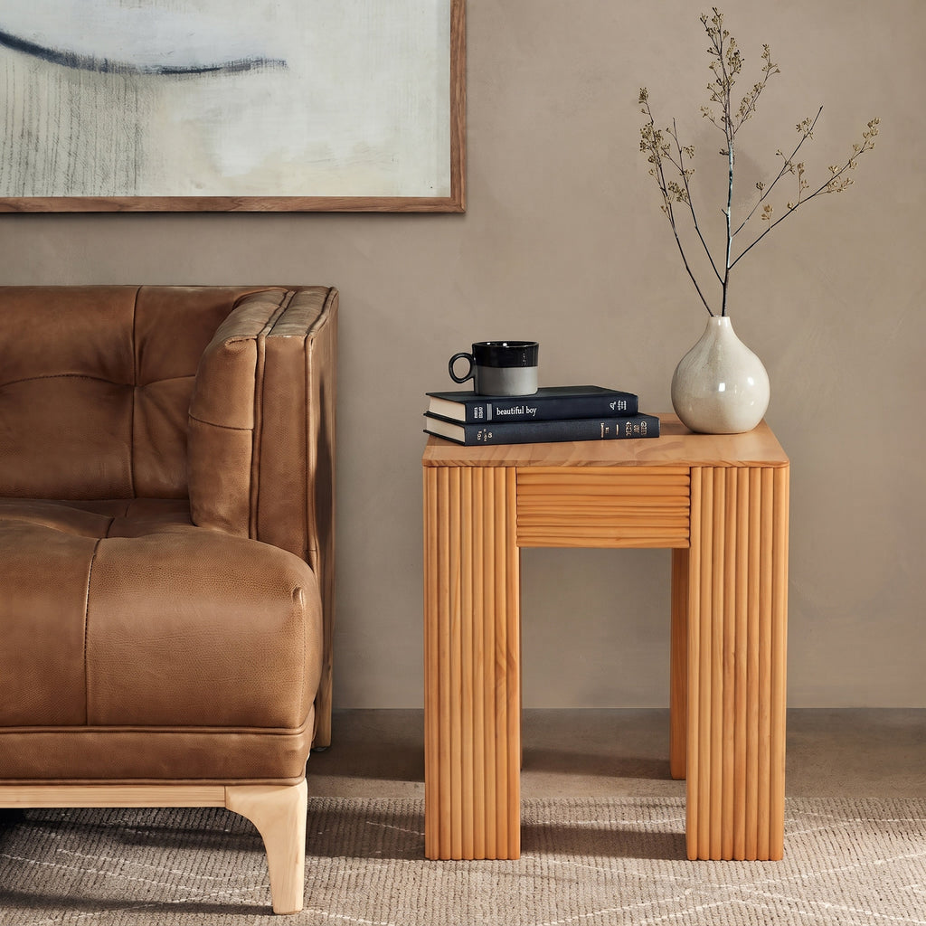 Natural Pine Wood Fluted Side Table with Elephant-Leg Design - Natural Pine