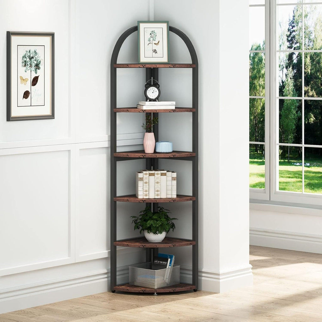 Tall 6 Tier Corner Shelf with Sturdy Metal Frame - Rustic Brown