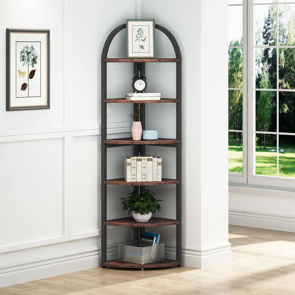 Tall 6 Tier Corner Shelf with Sturdy Metal Frame - Rustic Brown