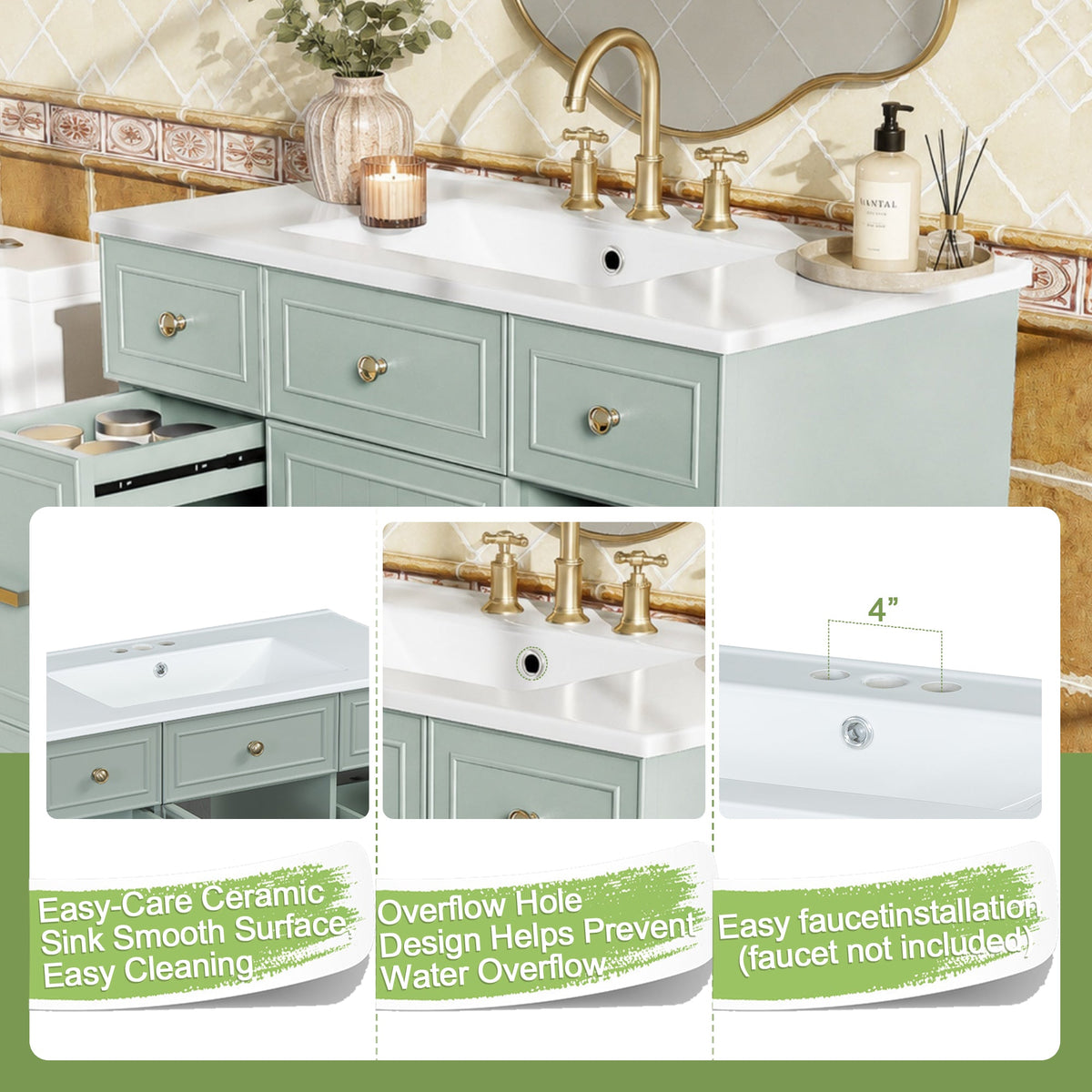 36" Green Bathroom Vanity with Ceramic Sink - Solid Wood Frame
