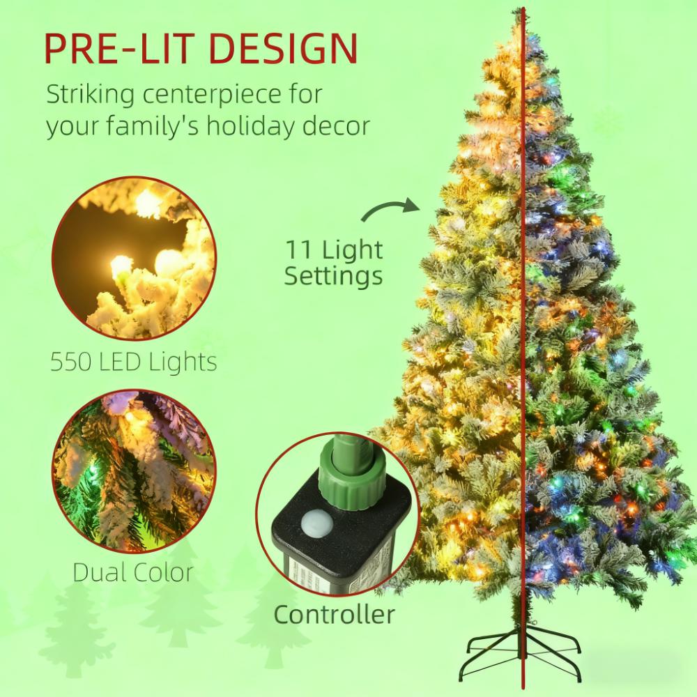 Artificial Snow Christmas Tree with Frosted Branches and LED Lights - Green
