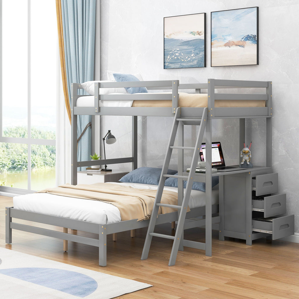 Bunk Bed with Built-In Desk and 3 Drawers - Twin over Full