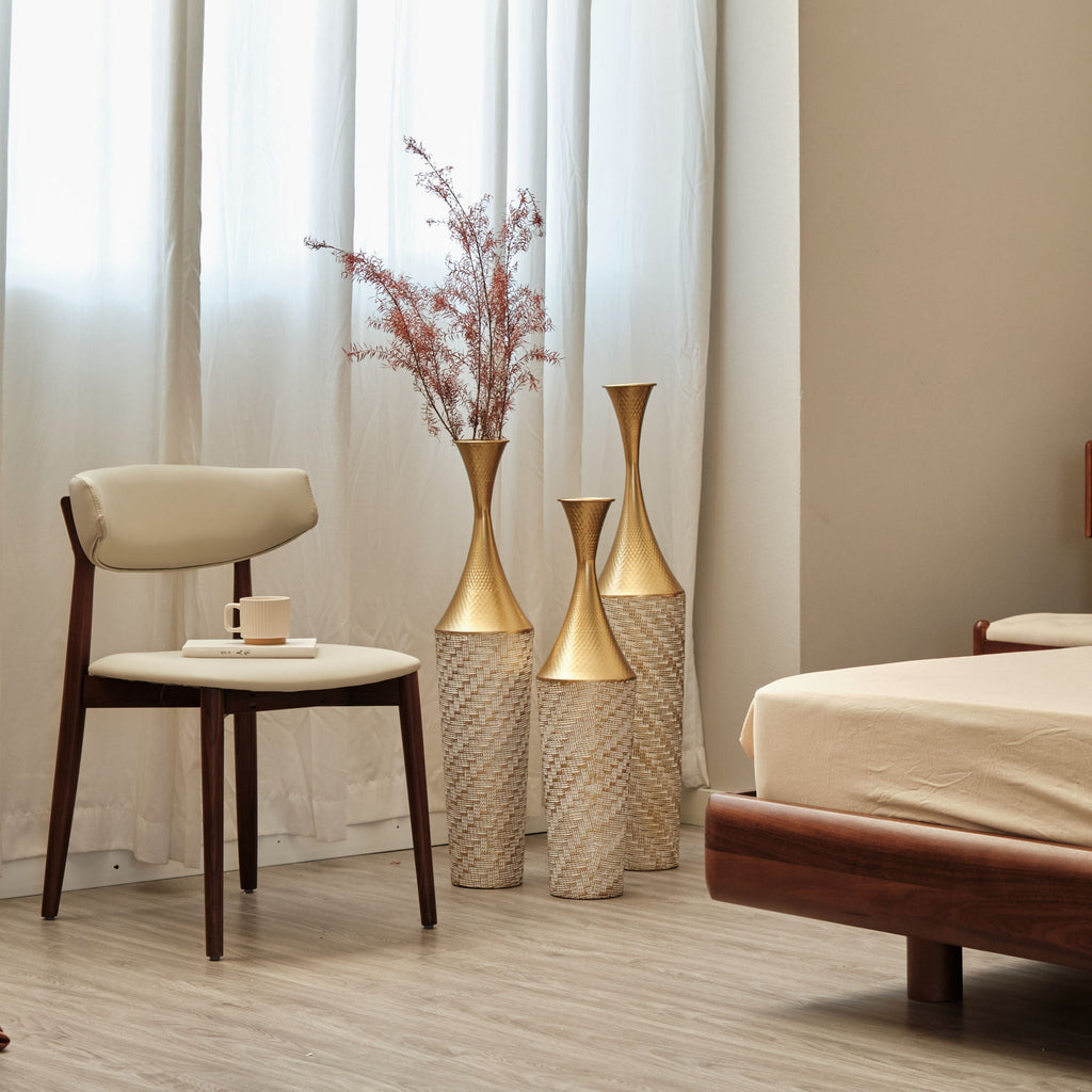 Champagne Floor Metal Vase 3-Piece Set with Woven Pattern - Modern Style